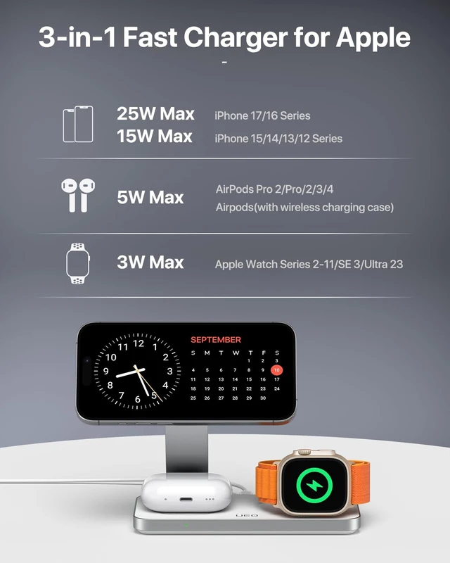 Alt view image 5 of 7 - 3-in-1 Charging Station for Apple Devices,QI2.2 25W Ultra-Fast Magnetic Wireless Charger Stand,Compatible with MagSafe,Foldable Travel Charger for iPhone Air/17/16/15/14/13/12,Apple Watch,AirPods