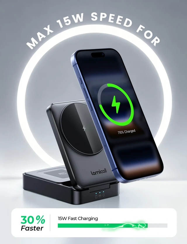 Alt view image 2 of 7 - Magnetic 3 in 1 Foldable Charging Station for Apple MagSafe | Palm-Sized Travel-Ready, Wireless Charging Stand for iPhone Duo/18/17/16/15/14/13/12 Series, Apple Watch & AirPods, Stay-Cool