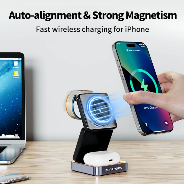Alt view image 4 of 7 - 2026 Upgraded Magnetic Wireless Charger 3 in 1, Foldable Charging Station with Night Light for Apple MagSafe Charger, Travel Charger Stand, Nightstand Fast 15W Charging Station (with Adapter)