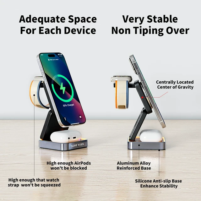 Alt view image 3 of 7 - 2026 Upgraded Magnetic Wireless Charger 3 in 1, Foldable Charging Station with Night Light for Apple MagSafe Charger, Travel Charger Stand, Nightstand Fast 15W Charging Station (with Adapter)