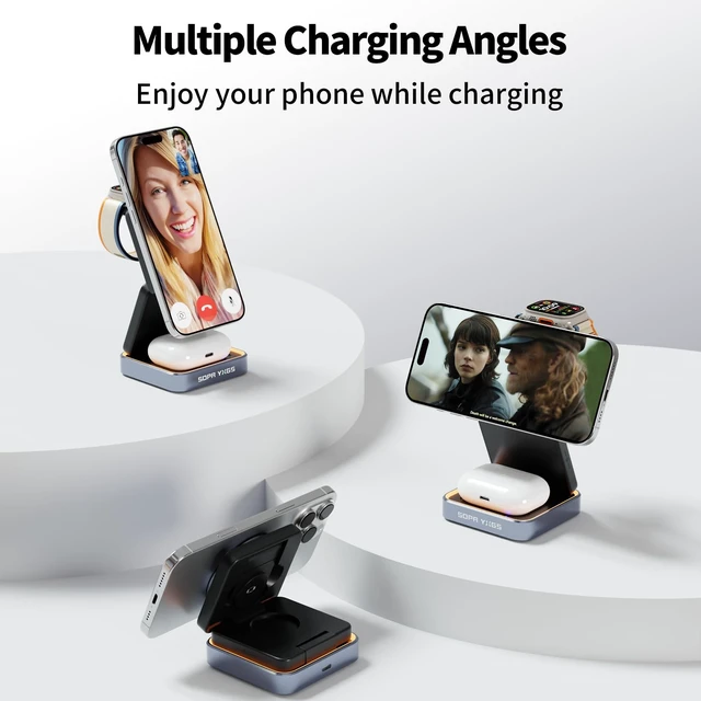 Alt view image 6 of 7 - 2026 Upgraded Magnetic Wireless Charger 3 in 1, Foldable Charging Station with Night Light for Apple MagSafe Charger, Travel Charger Stand, Nightstand Fast 15W Charging Station (with Adapter)