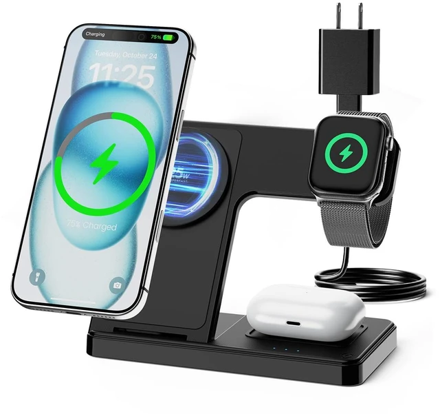 Main image of 25W MagSafe Charging Station, 3-in-1 Magnetic Wireless Travel Charger Stand | Foldable Phone and Watch Charger for Apple Multiple Devices-iPhone Air 17 16 15 14 13 12 Pro Max, Watch and AirPods-Black