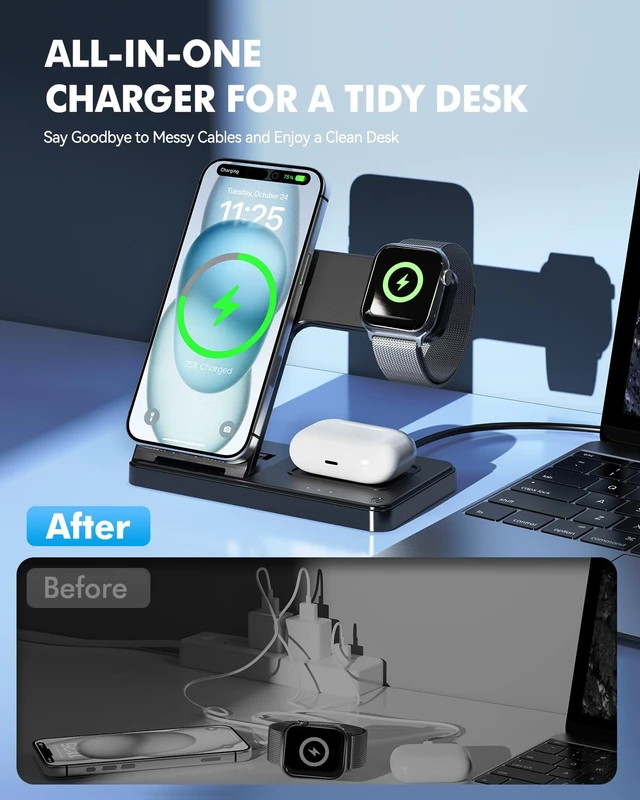 Alt view image 6 of 7 - 25W MagSafe Charging Station, 3-in-1 Magnetic Wireless Travel Charger Stand | Foldable Phone and Watch Charger for Apple Multiple Devices-iPhone Air 17 16 15 14 13 12 Pro Max, Watch and AirPods-Black