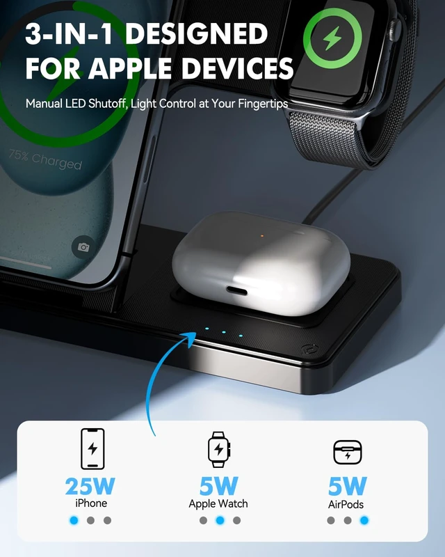 Alt view image 3 of 7 - 25W MagSafe Charging Station, 3-in-1 Magnetic Wireless Travel Charger Stand | Foldable Phone and Watch Charger for Apple Multiple Devices-iPhone Air 17 16 15 14 13 12 Pro Max, Watch and AirPods-Black