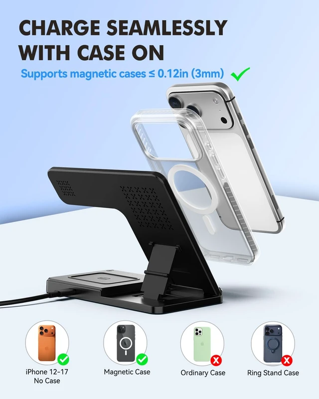 Alt view image 4 of 7 - 25W MagSafe Charging Station, 3-in-1 Magnetic Wireless Travel Charger Stand | Foldable Phone and Watch Charger for Apple Multiple Devices-iPhone Air 17 16 15 14 13 12 Pro Max, Watch and AirPods-Black