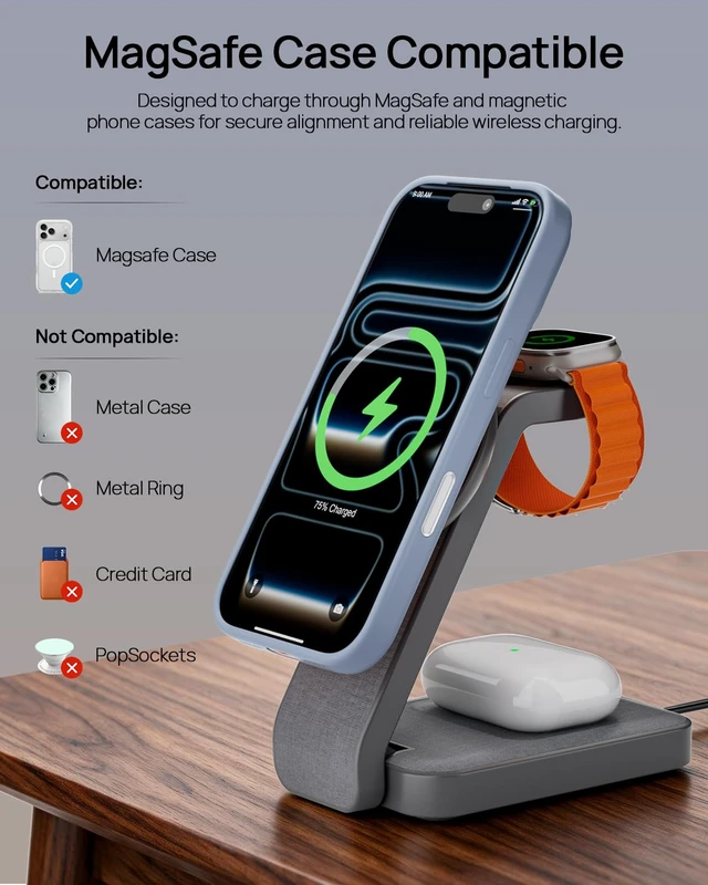 Alt view image 5 of 7 - 3 in 1 Nightstand Wireless Charging Station for MagSafe, Bedside Magnetic Charger Stand for iPhone 17 16 15 14, Foldable Travel Phone and Watch Dock with Night Light for Apple Watch/AirPods