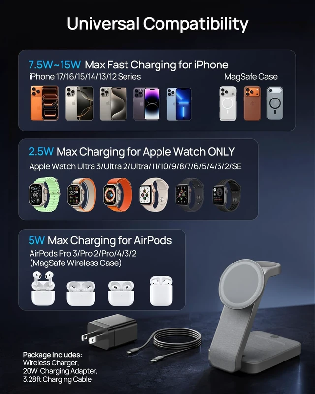 Alt view image 6 of 7 - 3 in 1 Nightstand Wireless Charging Station for MagSafe, Bedside Magnetic Charger Stand for iPhone 17 16 15 14, Foldable Travel Phone and Watch Dock with Night Light for Apple Watch/AirPods