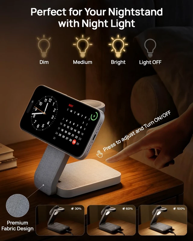 Alt view image 2 of 7 - 3 in 1 Nightstand Wireless Charging Station for MagSafe, Bedside Magnetic Charger Stand for iPhone 17 16 15 14, Foldable Travel Phone and Watch Dock with Night Light for Apple Watch/AirPods