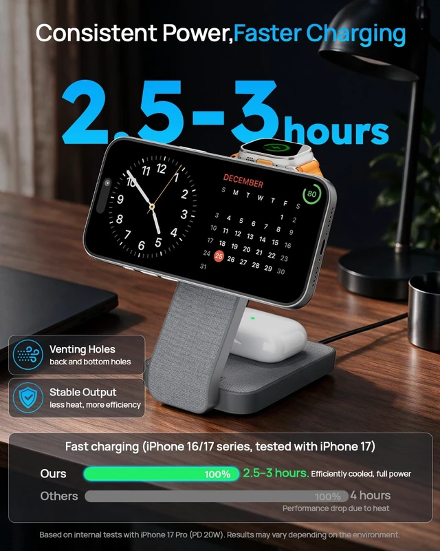 Alt view image 7 of 7 - 3 in 1 Nightstand Wireless Charging Station for MagSafe, Bedside Magnetic Charger Stand for iPhone 17 16 15 14, Foldable Travel Phone and Watch Dock with Night Light for Apple Watch/AirPods