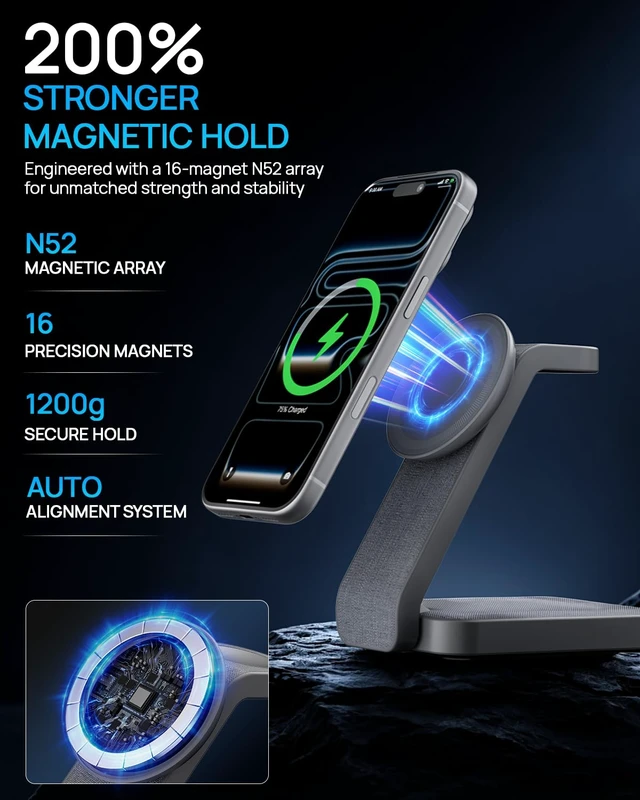 Alt view image 4 of 7 - 3 in 1 Nightstand Wireless Charging Station for MagSafe, Bedside Magnetic Charger Stand for iPhone 17 16 15 14, Foldable Travel Phone and Watch Dock with Night Light for Apple Watch/AirPods