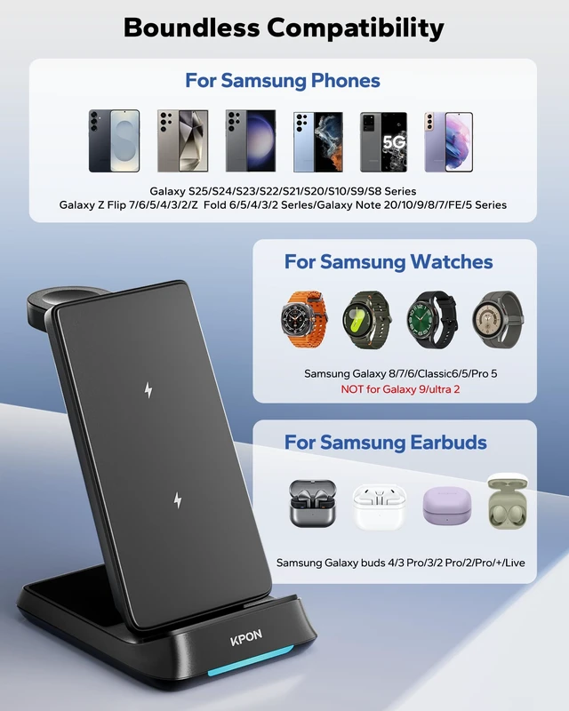Alt view image 4 of 7 - 3 in 1 Charging Station for Samsung, Wireless Charger for Thick Cases, Foldable Phone and Watch Charger Stand for Galaxy S26/S25/S25 Ultra/S24/Android Devices, Galaxy Watch Not for watch9/ultra2