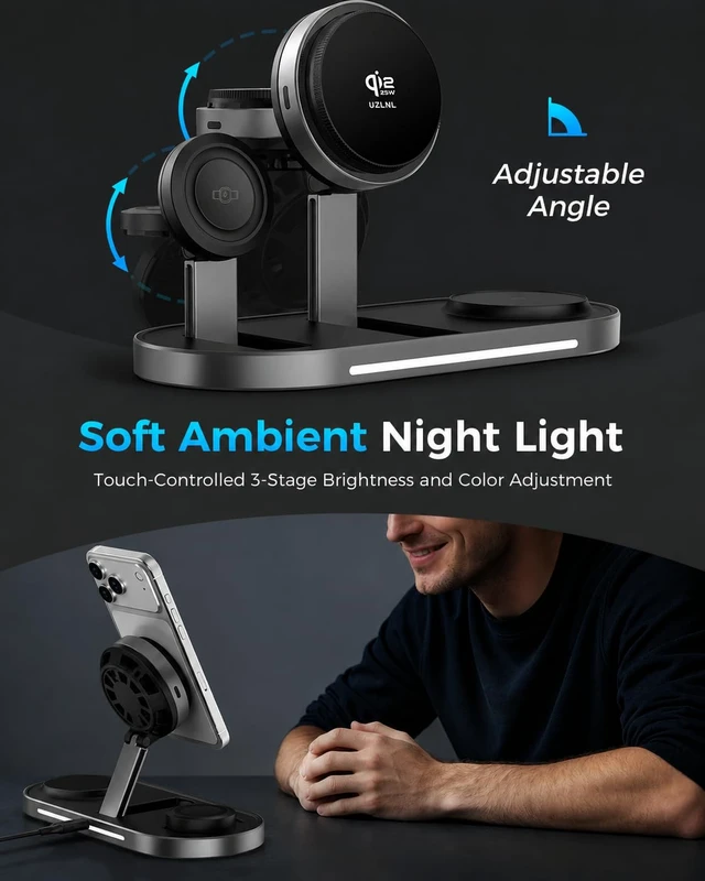 Alt view image 6 of 7 - 25W 3 in 1 Wireless Charging Station for Qi2.2 Magsafe Charger for Apple | for iPhone 18 17 16 15 14 Pro Max,Apple Watch,Airpods,Foldable Charging Stand, Cooling Fan, Multi Device Charging, Travel