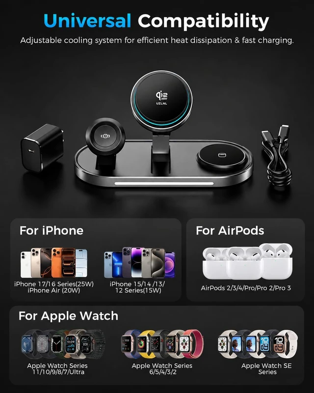 Alt view image 4 of 7 - 25W 3 in 1 Wireless Charging Station for Qi2.2 Magsafe Charger for Apple | for iPhone 18 17 16 15 14 Pro Max,Apple Watch,Airpods,Foldable Charging Stand, Cooling Fan, Multi Device Charging, Travel