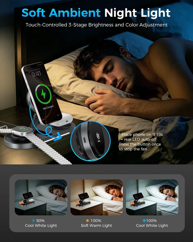 Alt view image 5 of 7 - 25W 3 in 1 Wireless Charging Station for Qi2.2 Magsafe Charger for Apple | for iPhone 18 17 16 15 14 Pro Max,Apple Watch,Airpods,Foldable Charging Stand, Cooling Fan, Multi Device Charging, Travel