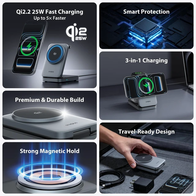 Alt view image 2 of 7 - TriMag Qi2.2 25W 3 in 1 Wireless Charging Station, Fast Charger | Foldable MagSafe Charger for iPhone 18/17/16/15, AirPods and Apple Watch Charger with 5W, Travel-Ready Design and 45W Adapter