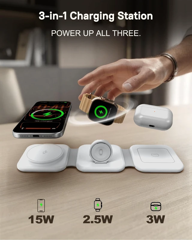 Alt view image 7 of 7 - 15W Magnetic Travel Charging Station, 3-in-1 Foldable MagSafe Charger | Wireless Charger for Apple Multiple Devices - iPhone Air 17 16 15 14 13 12 Pro Max, Watch & AirPods - Slim Portable, White