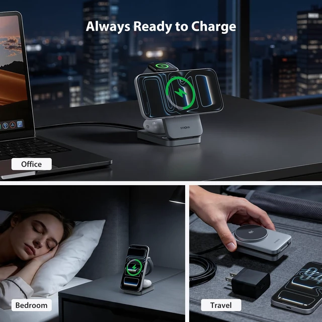 Alt view image 5 of 7 - TriMag Qi2.2 25W 3 in 1 Wireless Charging Station, Fast Charger | Foldable MagSafe Charger for iPhone 18/17/16/15, AirPods and Apple Watch Charger with 5W, Travel-Ready Design and 45W Adapter