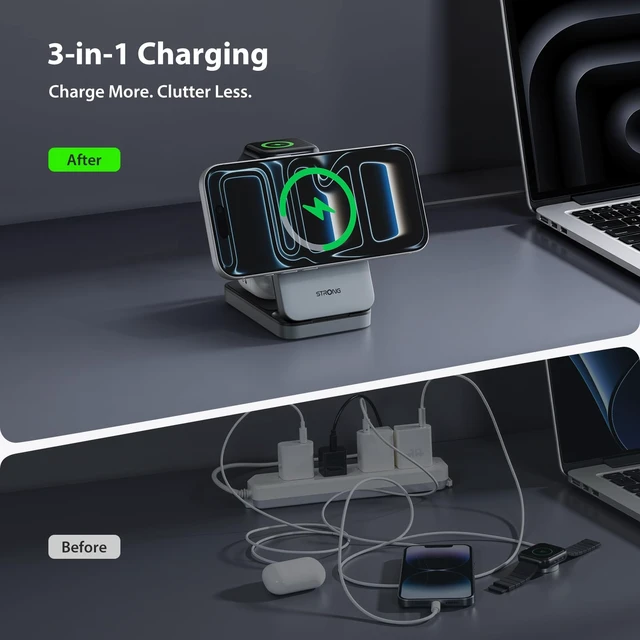 Alt view image 4 of 7 - TriMag Qi2.2 25W 3 in 1 Wireless Charging Station, Fast Charger | Foldable MagSafe Charger for iPhone 18/17/16/15, AirPods and Apple Watch Charger with 5W, Travel-Ready Design and 45W Adapter