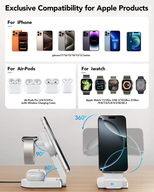 Alt view image 2 of 7 - 3 in 1 Wireless Charging Station for Apple,Foldable Magnetic Phone Charger | Portable Foldable Design, Wireless Travel Charger for iPhone,Apple Watch Series,Air-Pods Multiple Devices