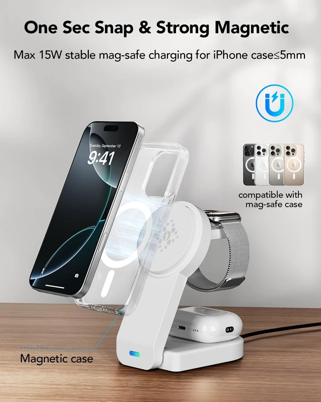 Alt view image 4 of 7 - 3 in 1 Wireless Charging Station for Apple,Foldable Magnetic Phone Charger | Portable Foldable Design, Wireless Travel Charger for iPhone,Apple Watch Series,Air-Pods Multiple Devices