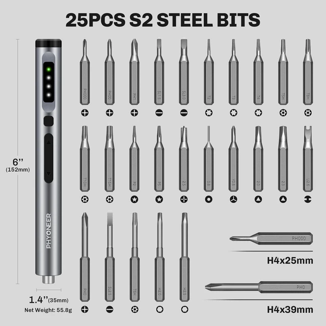 Alt view image 7 of 7 - Mini Electric Screwdriver, 25-in-1 Precision Power Screwdriver Set | S2 Steel Bits,3 Torque Settings (Max 0.5N.m),LED Light,500 mAh,Repair Kit for Phone,PC,Camera,Electronics,Gifts for Men