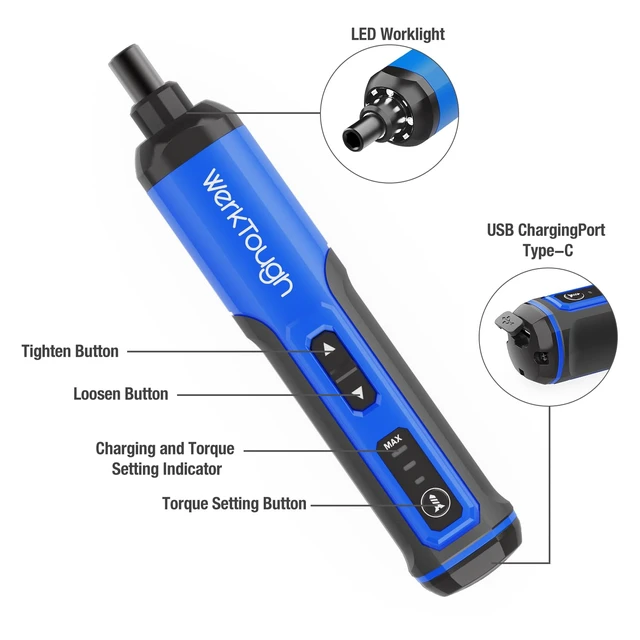 Alt view image 2 of 7 - Werktough 4V Mini Electric Cordless Screwdriver with 3-Gear Torque 5Nm Power 25pc Screwdriver Bits S2 LED Light USB Charging Home Improvement S026