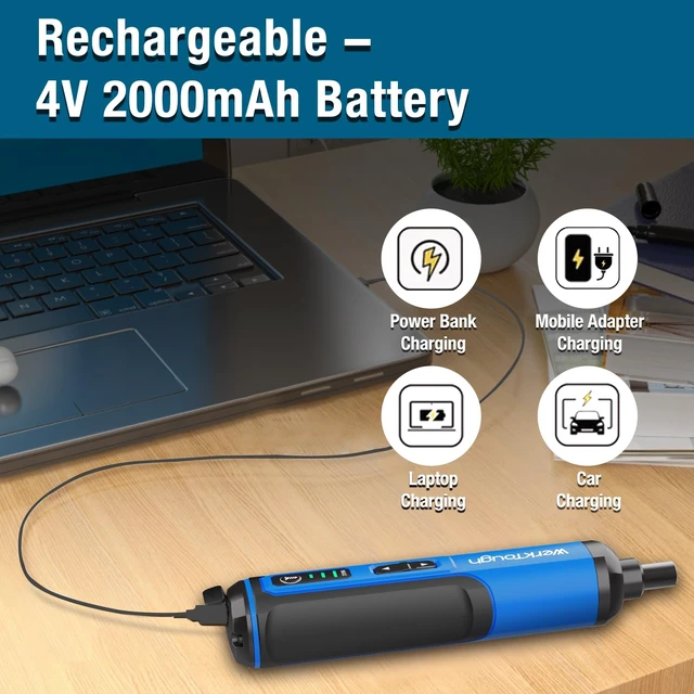Alt view image 4 of 7 - Werktough 4V Mini Electric Cordless Screwdriver with 3-Gear Torque 5Nm Power 25pc Screwdriver Bits S2 LED Light USB Charging Home Improvement S026
