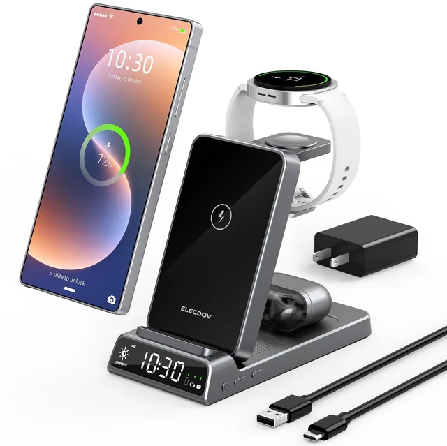 Main image of 3 in 1 Wireless Charging Station for Samsung, Wireless Charger with Clock | Watch Charger for Samsung Galaxy S25/Z Flip 7/6, Travel Foldable Charging Stand for Galaxy Watch 8/7/Buds 3 Pro/2