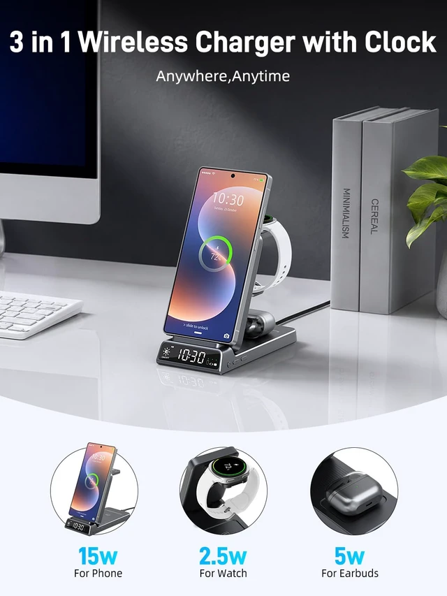 Alt view image 2 of 7 - 3 in 1 Wireless Charging Station for Samsung, Wireless Charger with Clock | Watch Charger for Samsung Galaxy S25/Z Flip 7/6, Travel Foldable Charging Stand for Galaxy Watch 8/7/Buds 3 Pro/2