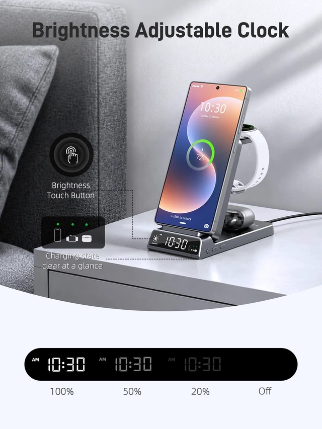 Alt view image 4 of 7 - 3 in 1 Wireless Charging Station for Samsung, Wireless Charger with Clock | Watch Charger for Samsung Galaxy S25/Z Flip 7/6, Travel Foldable Charging Stand for Galaxy Watch 8/7/Buds 3 Pro/2