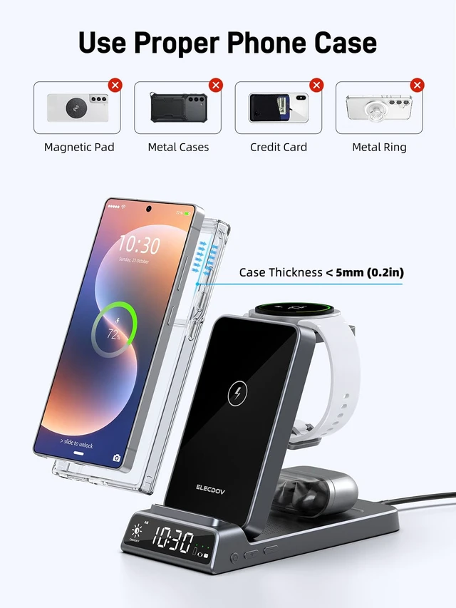 Alt view image 5 of 7 - 3 in 1 Wireless Charging Station for Samsung, Wireless Charger with Clock | Watch Charger for Samsung Galaxy S25/Z Flip 7/6, Travel Foldable Charging Stand for Galaxy Watch 8/7/Buds 3 Pro/2