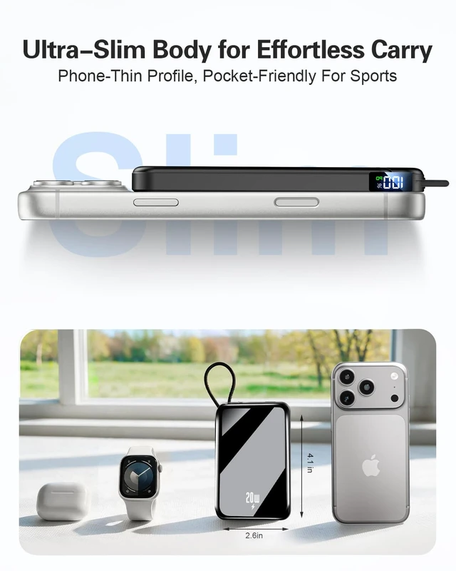 Alt view image 3 of 7 - 10000mAh Portable Charger, 20W Fast Charging, Built-in Cables with Handle | Charge from 20% to 85% in 30 Mins, 30% Smaller, magnetic grip, Stays Cool, LED Display, for iPhone, Samsung, Android Phones