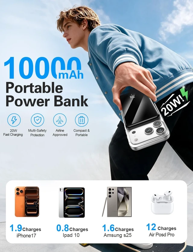 Alt view image 2 of 7 - 10000mAh Portable Charger, 20W Fast Charging, Built-in Cables with Handle | Charge from 20% to 85% in 30 Mins, 30% Smaller, magnetic grip, Stays Cool, LED Display, for iPhone, Samsung, Android Phones