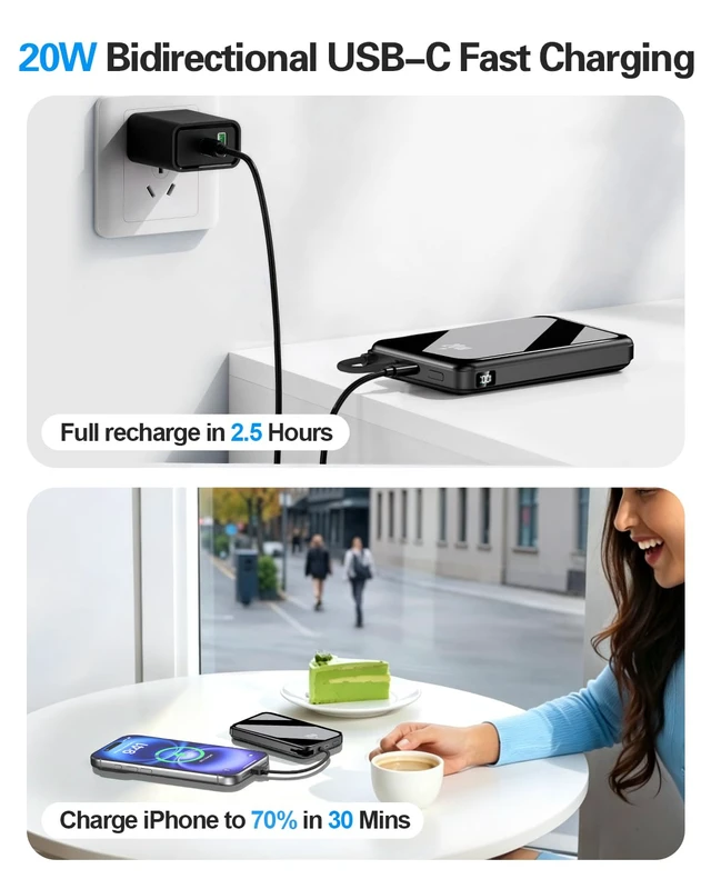 Alt view image 7 of 7 - 10000mAh Portable Charger, 20W Fast Charging, Built-in Cables with Handle | Charge from 20% to 85% in 30 Mins, 30% Smaller, magnetic grip, Stays Cool, LED Display, for iPhone, Samsung, Android Phones