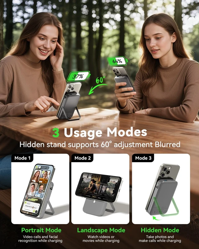 Alt view image 3 of 7 - Portable Charger for Magsafe 10000mAh Power Bank with Foldable Stand | Battery Pack,Fast Charge PD 22.5W Travel Essential,Magnetic Charge Wireless Charger for iPhone 17/16/15 Series-Space Gray