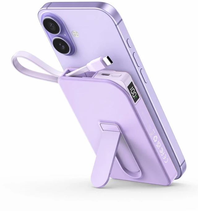 Main image of for Magsafe Power Bank iPhone, Magnetic Portable Charger 10000mAh | Built-in USB C Cable, Foldable Stand for Viewing, Up to 22.5W Fast Charging, Travel & Daily Use for iPhone 12-17, Purple