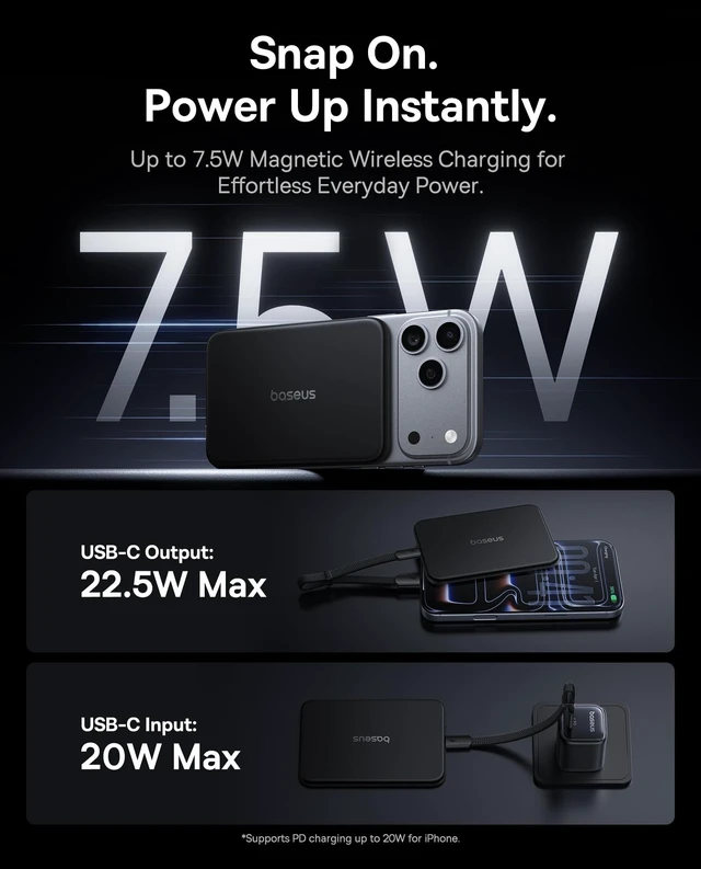 Alt view image 7 of 7 - Picogo Air AM71 CCC Certified 5000mAh Ultra Slim Power Bank 0.27 " | Magnetic Wireless Charging, Built-in 22.5W USB-C Cable, Fast charging, Compatible With iPhone 18/17/16/15/14/13 Only