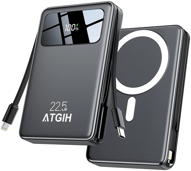 Main image of 10000mAh Magnetic Wireless Power Bank, 5-in-1 Portable Charger with 2 Built-in Cables, 22.5W PD Fast Charging Magnetic Battery Pack for iPhone 17/16/15/14/13/12 and All SeriesBlack
