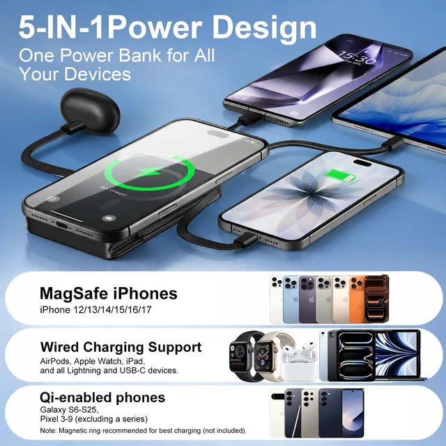 Alt view image 3 of 7 - 10000mAh Magnetic Wireless Power Bank, 5-in-1 Portable Charger with 2 Built-in Cables, 22.5W PD Fast Charging Magnetic Battery Pack for iPhone 17/16/15/14/13/12 and All SeriesBlack