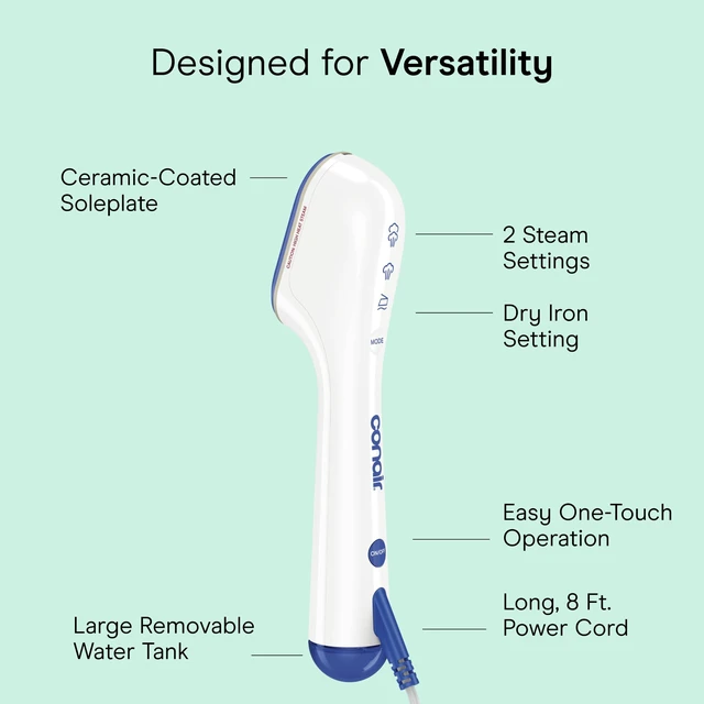 Alt view image 2 of 7 - Clothes Steamer, 2-in-1 Travel Steamer & Iron, Anti-Drip, White/Blue | Portable handheld garment steamer for clothes w/ iron, quickly removes wrinkles, 120-240V & heats in 25 seconds
