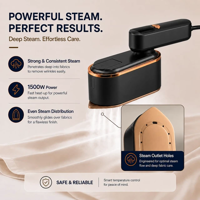 Alt view image 2 of 5 - Portable Travel Steamer for Clothes, 2-in-1 Steam & Dry Iron, 1500W, 10s Fast Heat, 4 Modes, LED Display, 150ml Water Tank (black)