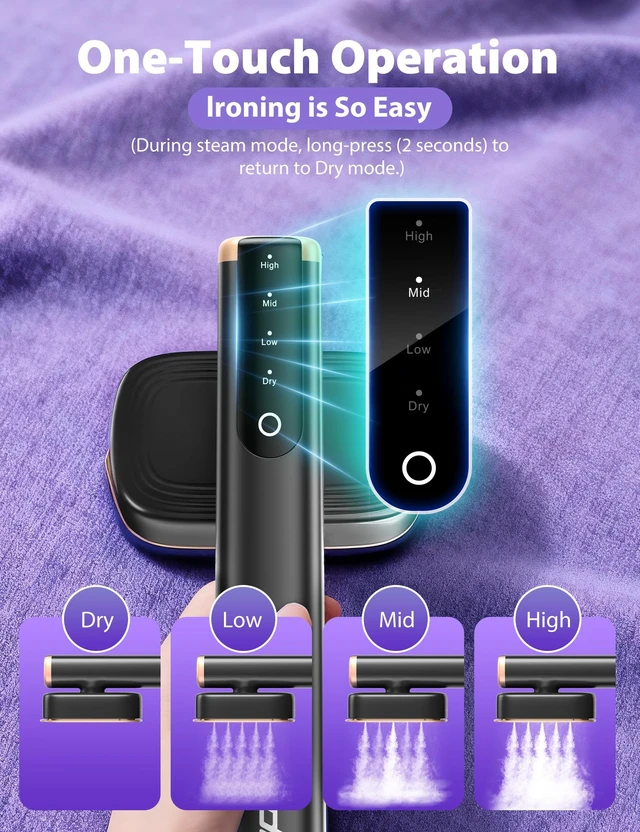 Alt view image 6 of 7 - Travel Steamer for Clothes,35 g/min Steam Quick Wrinkle Removal | Garment Steamer With 180ml Tank,35min Powerful Steam,4 Modes ,Touch Control, LED Display,Portable for Travel & Home Black