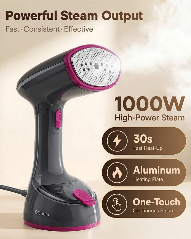 Alt view image 2 of 7 - Steamer for Clothes, 1000W Handheld Clothes Steamer for Garments | Foldable Travel Steamer, Portable, 30s Fast Heat-Up, 180ml Tank, Aluminum Heating Plate, Rose Pink(120V US Version)