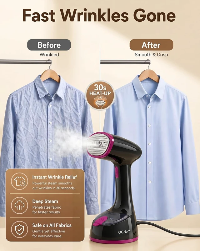 Alt view image 6 of 7 - Steamer for Clothes, 1000W Handheld Clothes Steamer for Garments | Foldable Travel Steamer, Portable, 30s Fast Heat-Up, 180ml Tank, Aluminum Heating Plate, Rose Pink(120V US Version)
