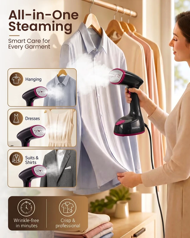 Alt view image 5 of 7 - Steamer for Clothes, 1000W Handheld Clothes Steamer for Garments | Foldable Travel Steamer, Portable, 30s Fast Heat-Up, 180ml Tank, Aluminum Heating Plate, Rose Pink(120V US Version)