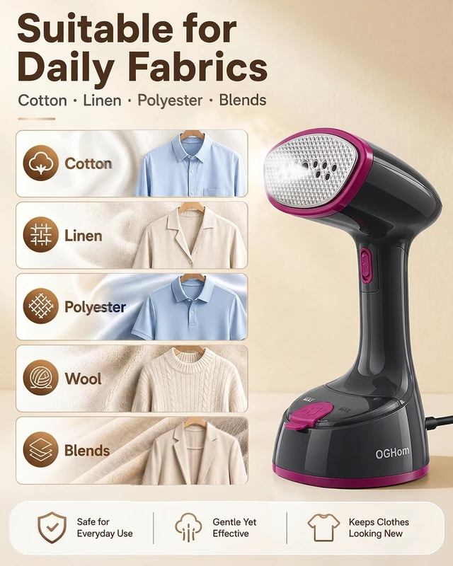 Alt view image 7 of 7 - Steamer for Clothes, 1000W Handheld Clothes Steamer for Garments | Foldable Travel Steamer, Portable, 30s Fast Heat-Up, 180ml Tank, Aluminum Heating Plate, Rose Pink(120V US Version)