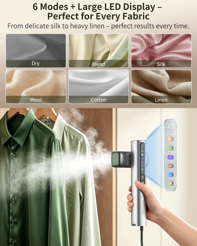 Alt view image 4 of 7 - Steamer for Clothes, 1200W Dual Voltage Portable Travel Steamer | SmartTouch Sensor, 6-in-1 Modes & LED, 2-in-1 Steam Iron,15s Heat-Up, 100-240V, For Global Europe Travel Home, Green