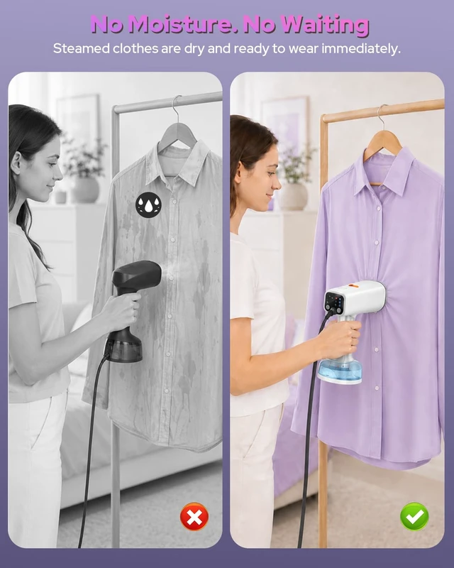 Alt view image 7 of 7 - Handheld Garment Steamer for Clothes, 3-Level Suction, Heat-Up, 20/27/32g/min Steam, , Dry Ironing & Auto-Clean, Portable Steamer for Home, Travel, Dorm