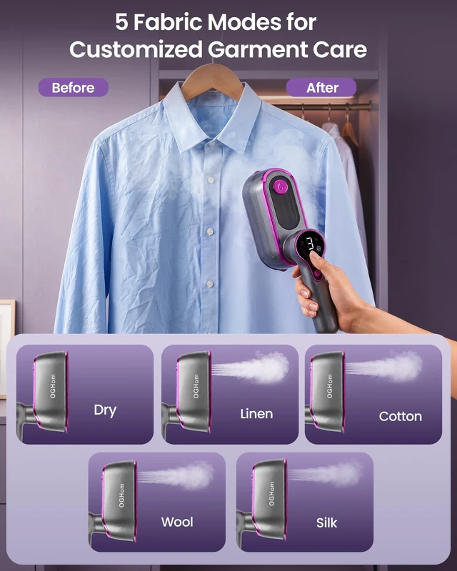 Alt view image 3 of 7 - Travel Steamer for Clothes, 1200W Portable Handheld Garment Steamer with LCD Display, 4 Steam Levels & Dry Iron Mode, 20s Fast Heat-Up, 150ml Water Tank, Large Ceramic Heat Panel, Only for 120V