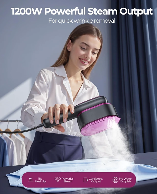 Alt view image 3 of 7 - Travel Steamer for Clothes, Portable Handheld Garment Iron 110V | 1200W, 5-Mode, 15s Heat-Up, No-Drip, 90° Rotatable, 7-Hole Ceramic Soleplate, 110ml Tank